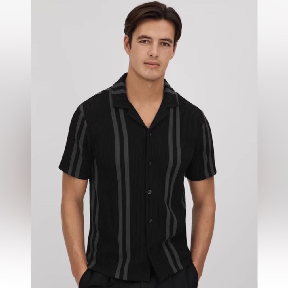 Reiss Castle Ribbed Striped Cuban Collar Shirt Mens Sz XL Black/Gray